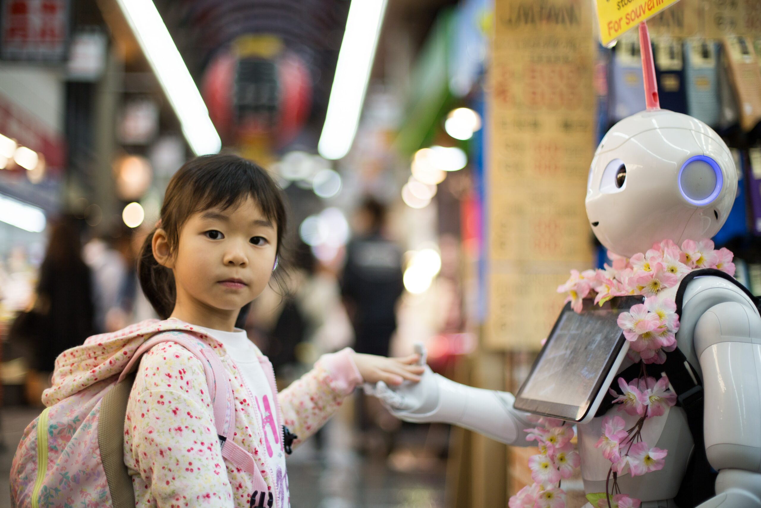 Use ai to make money, girl holding hand with robot