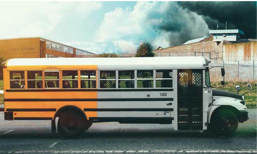 half school bus, half prison bus. school to prison pipeline metaphor